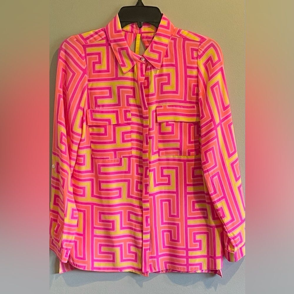 Alice & Trixie 100% Silk Colorful Geometric Blouse Size XS
